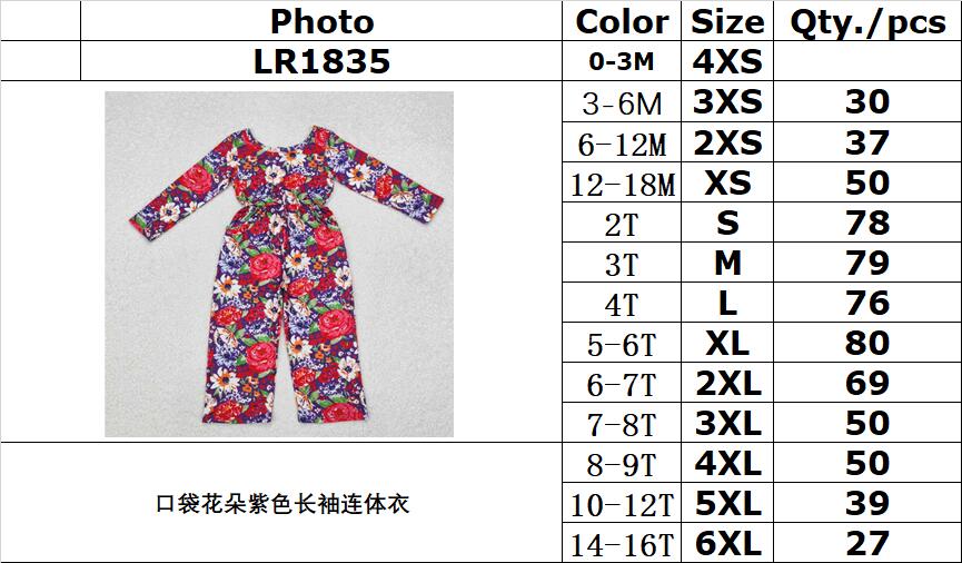 RTS NO MOQ ETA 5/7days Arrived LR1835 Pocket Flower Purple Long Sleeve Bodysuit