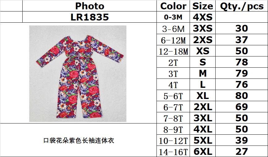 RTS NO MOQ ETA 5/7days Arrived LR1835 Pocket Flower Purple Long Sleeve Bodysuit