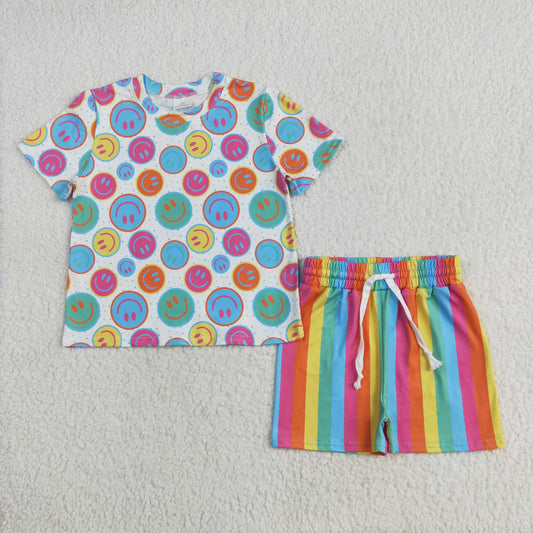 RTS NO MOQ GSSO2609 Smiley face white short sleeve colorful striped shorts set