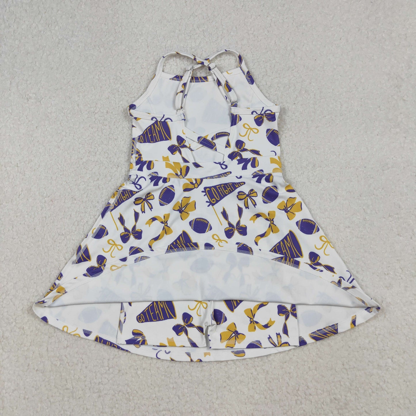 RTS NO MOQ（In Stock) GSD2781 Football flared yellow-purple bow-patterned yoga sleeveless dress