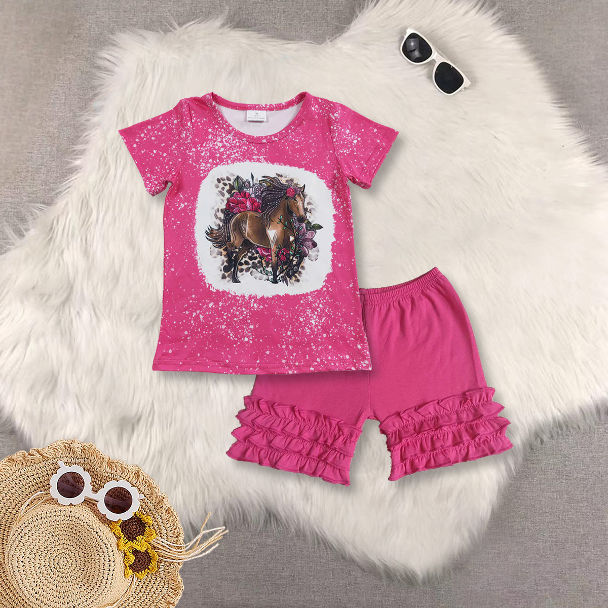 RTS NO MOQ Sibling baby girls clothes rose red short sleeve shorts sets and top and shorts