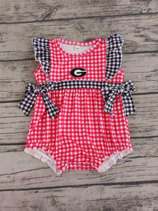 Custom moq 3 eta 6-8weeks baby girls clothes team red plaid short sleeve romper-25.5.8
