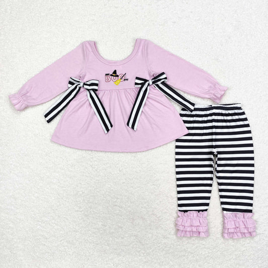 rts no moq GLP1483 Embroidered boo spider black and white striped bow purple long sleeve trousers set