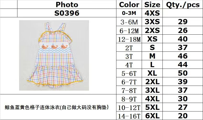 rts no moq S0396 Whale blue and yellow plaid one-piece swimsuit