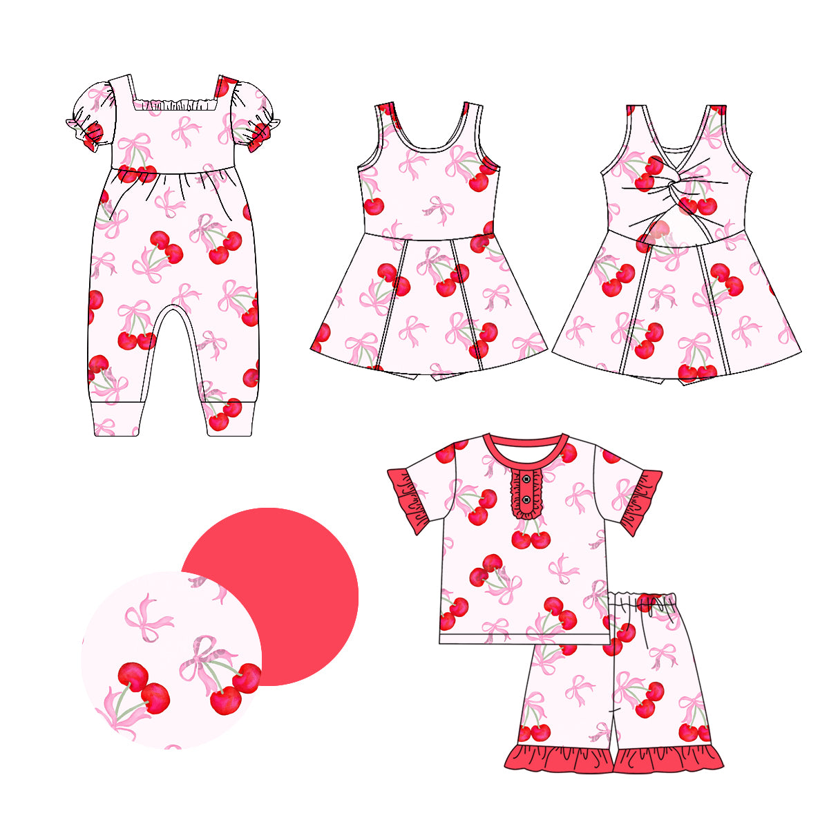 1.4 custom each style moq 5eta 4-6week Sibling Sistes bow cherry baby girl short sleeve shorts sets and dress and rompers match family design