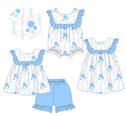 3.15 custom each style moq 5eta 4-6week Sibling Sisters bow floral baby girl short sleeve shorts sets and dress and rompers match family design