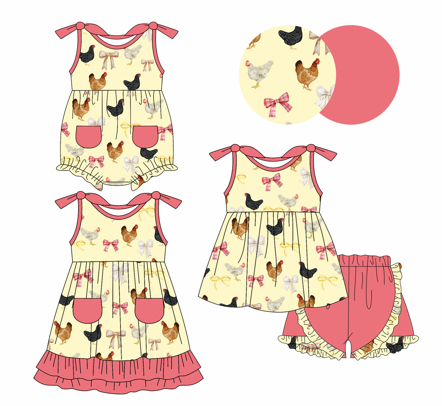 1.6 custom each style moq 5eta 4-6week Sibling Sistes hen bow baby girl short sleeve shorts sets and dress and rompers match family design