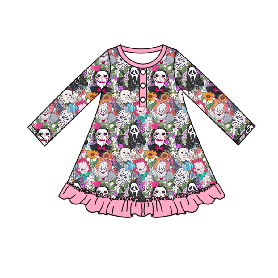 5.2custom each style moq 5eta 4-5week Sibling Sister Halloween cartoon character prints pink girls set and dress and baby romper and backpack match family design