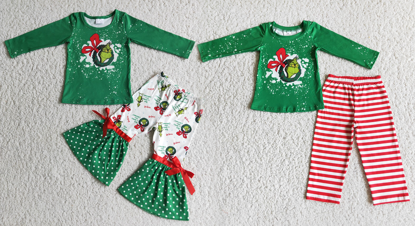 Baby Girls boys Christmas dress up cartoon print green Family siblings set