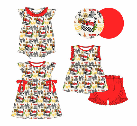 12.30 custom each style moq 5eta 4-6week Sibling Sister cars baby girl short sleeve shorts sets and dress and rompers match family design
