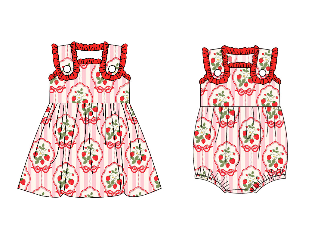 25.12.25 custom each style moq 5 eta 6-8week Sibling Sister strawberry bow floral baby short sleeve romper and dress match design