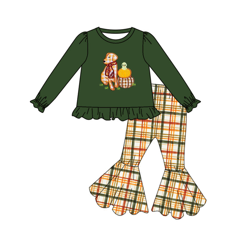 5.7custom each style moq 5eta 4-5week Sibling Sister dog and Pumpkin Chicken prints green girls and boys outfits and baby romper match family design