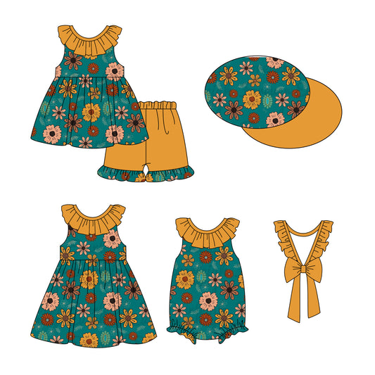 12.28 custom each style moq 5eta 4-6week Sibling Sister floral baby girl short sleeve shorts sets and dress and rompers match family design