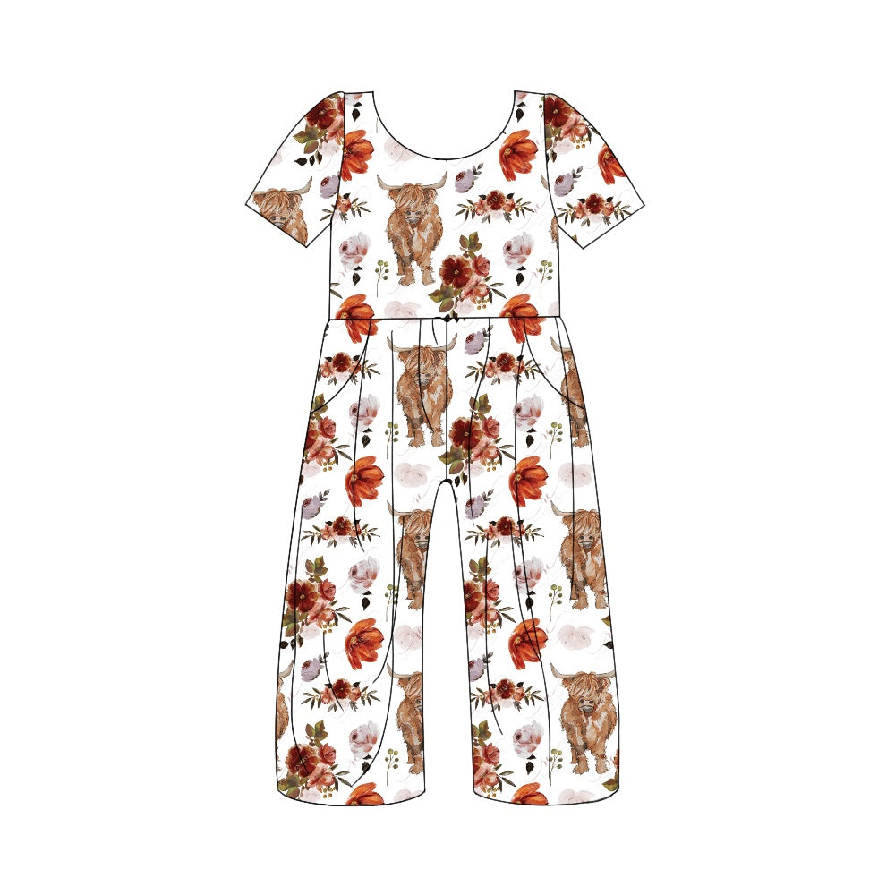 5.1custom each style moq 5eta 4-5week cow flower prints white jumpsuits