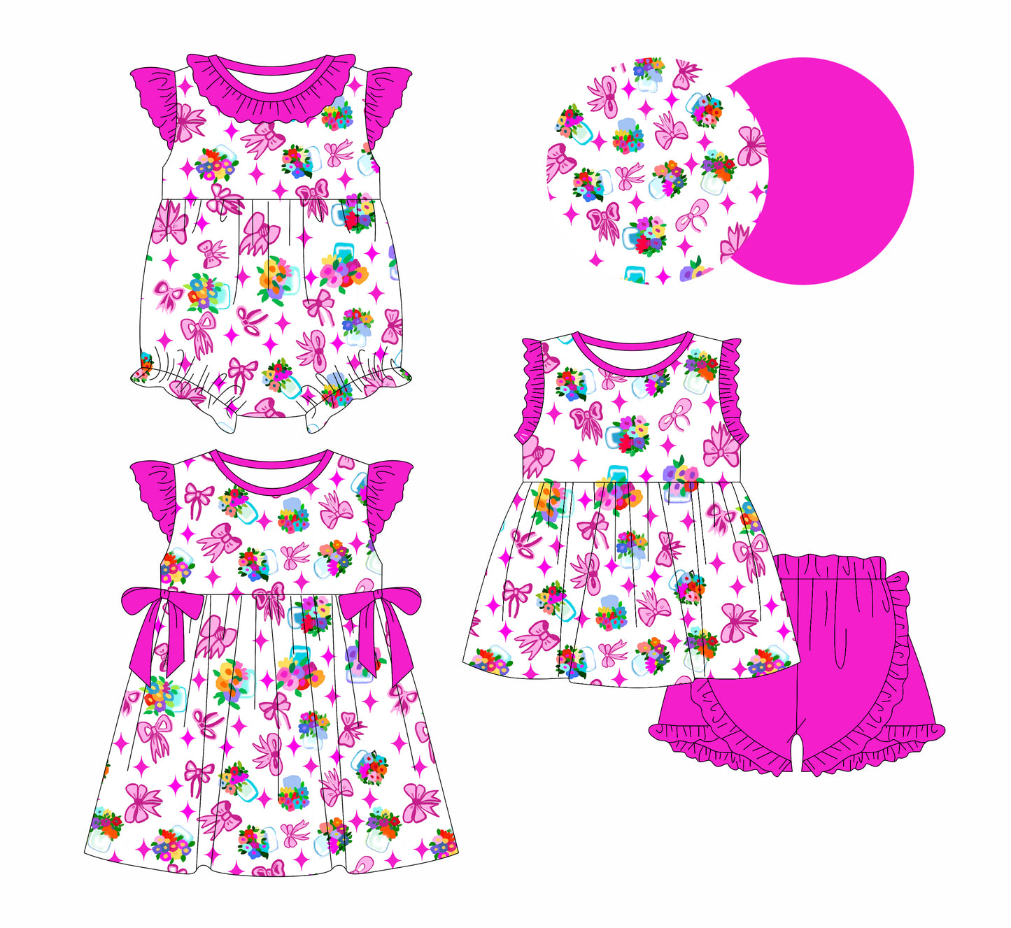 2.14 custom each style moq 5eta 4-6week Sibling Sisters bow baby girl short sleeve shorts sets and dress and rompers match family design