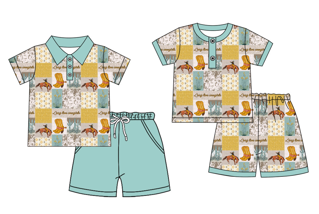 25.12.1 custom each style moq 5 eta 6-8week Sibling Sisters riding horse catcus baby boy clothes short sleeve shorts sets 2 match family design