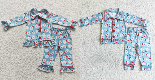 Baby Girls boys Christmas style Santa print blue pajama set Family siblings set