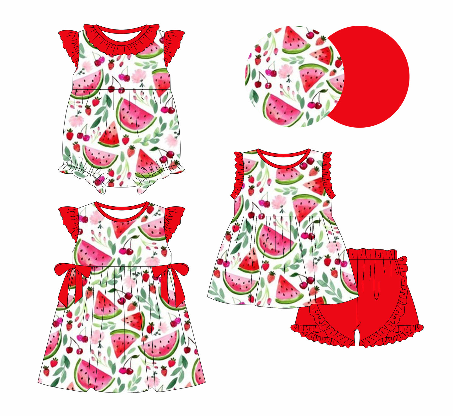 1.2 custom each style moq 5eta 4-6week Sibling Sistes watermelon baby girl short sleeve shorts sets and dress and rompers match family design