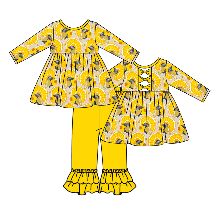 5.14custom each style moq 5eta 4-5week Sibling Sister lemon florets print blue girls outfits and baby romper match family design