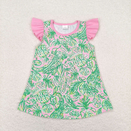 RTS no moq GT0561 Seaweed pattern pink and green flying sleeve top