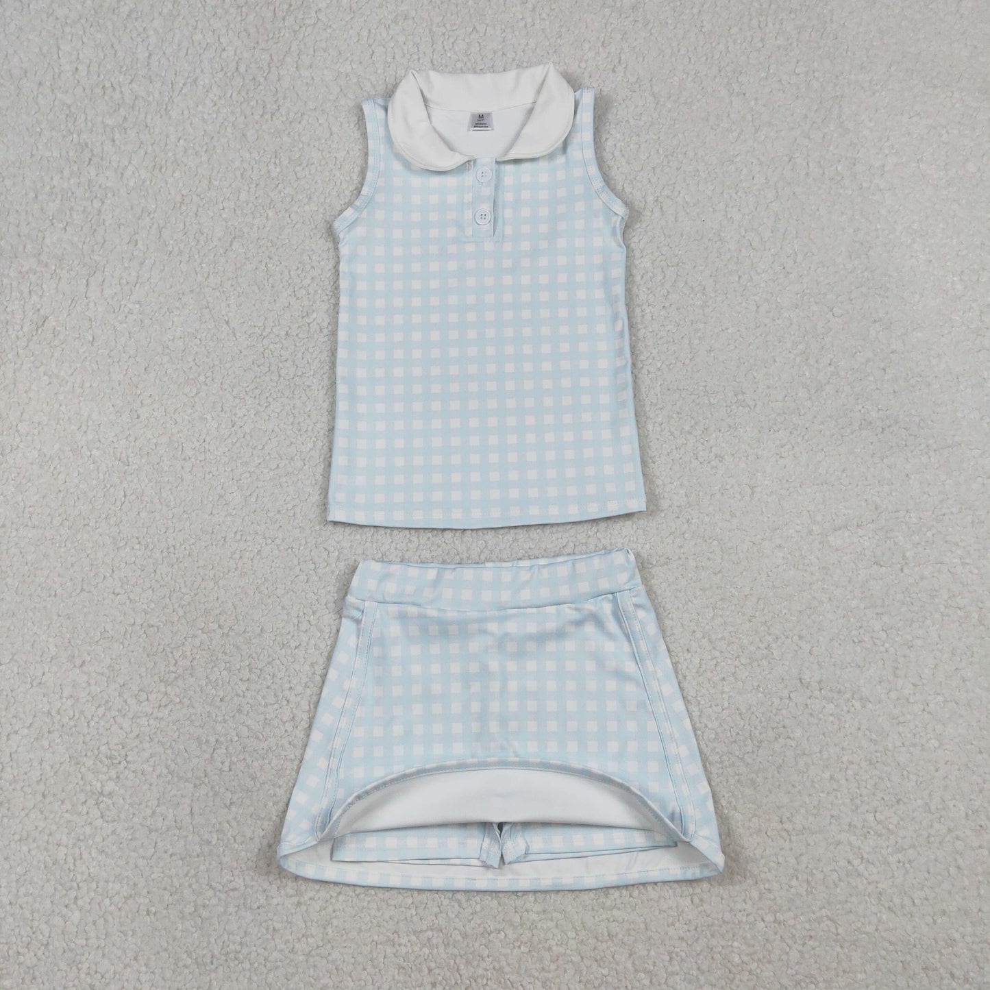 RTS NO MOQ（In Stock) GSD3375 Light Blue Plaid Button Sleeveless Yoga Set