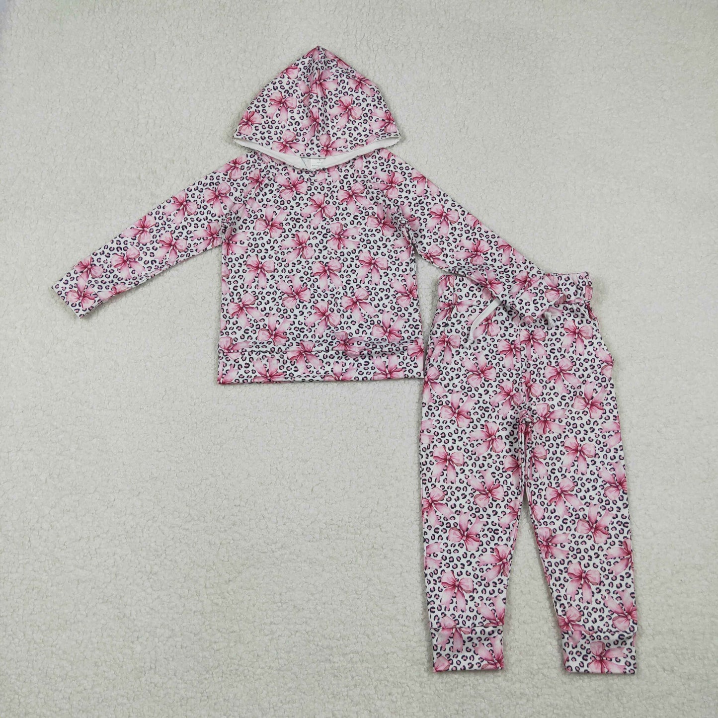 12/18m-7/8t RTS NO MOQ（In Stock) GLP2854 White long-sleeved hooded trousers set with pink and leopard print bow pattern