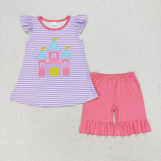 rts no moq GSSO0775 print castle purple striped flying sleeve pink shorts suit