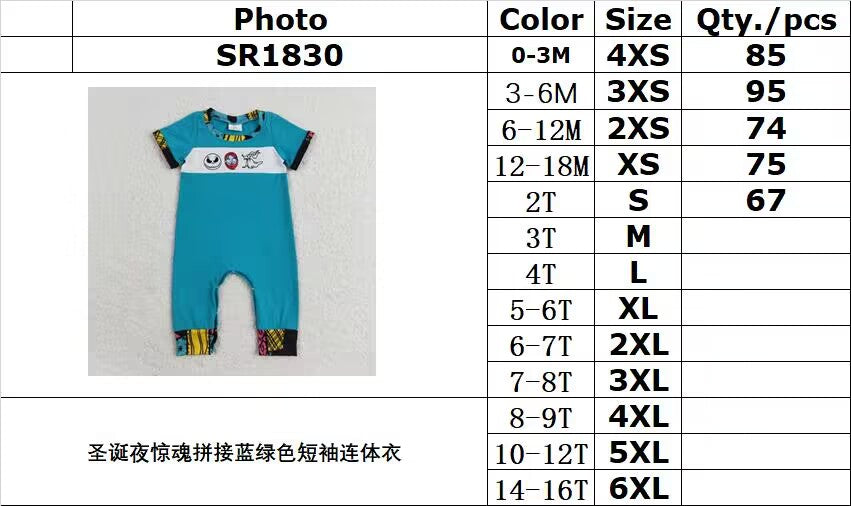 RTS no moq SR1830 The Nightmare Before Christmas patchwork blue-green short-sleeved jumpsuit