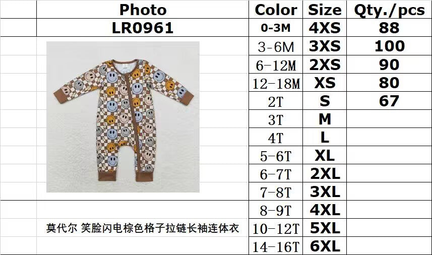 bamboo rts no moq LR0961 Modal smiley face lightning brown plaid zipper long-sleeved jumpsuit