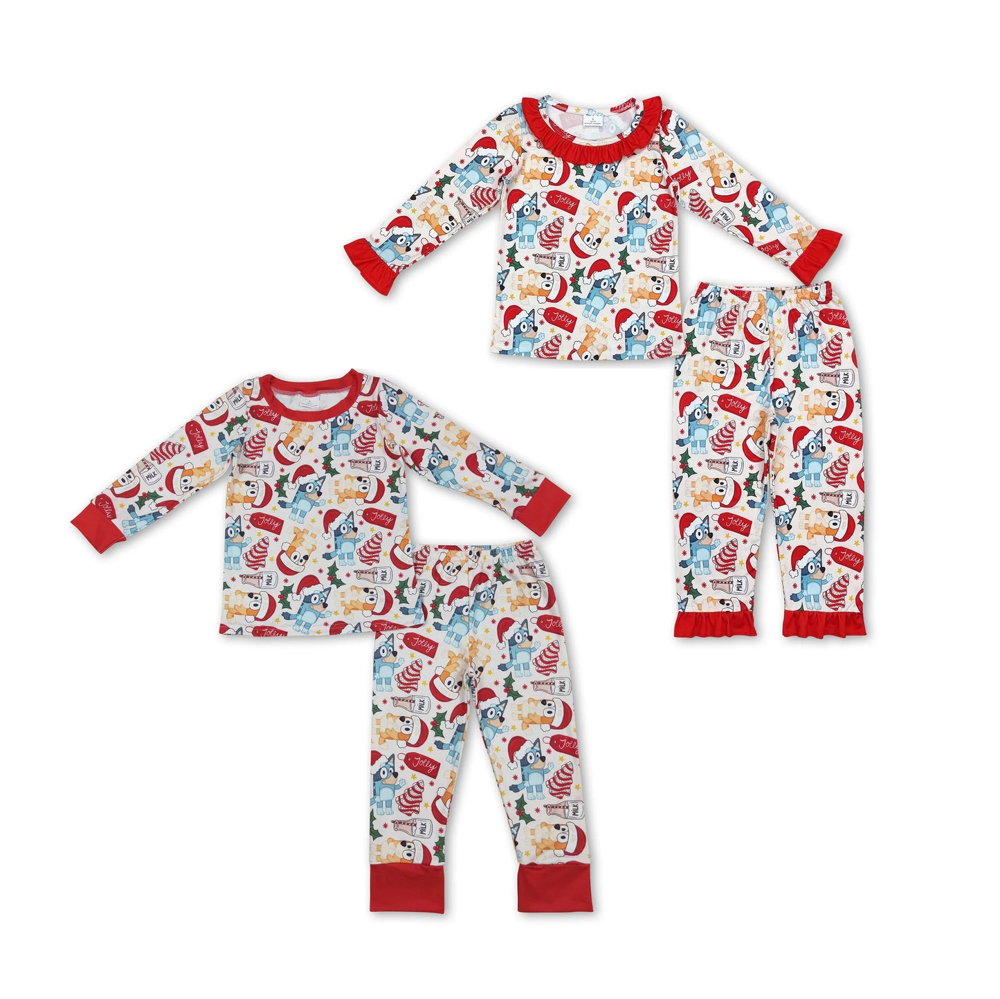 RTS NO MOQ BLP0821 GLP1752  Red Wooden Striped Christmas Tree - Puppy Pattern Boys Girls Long Sleeve Outfit