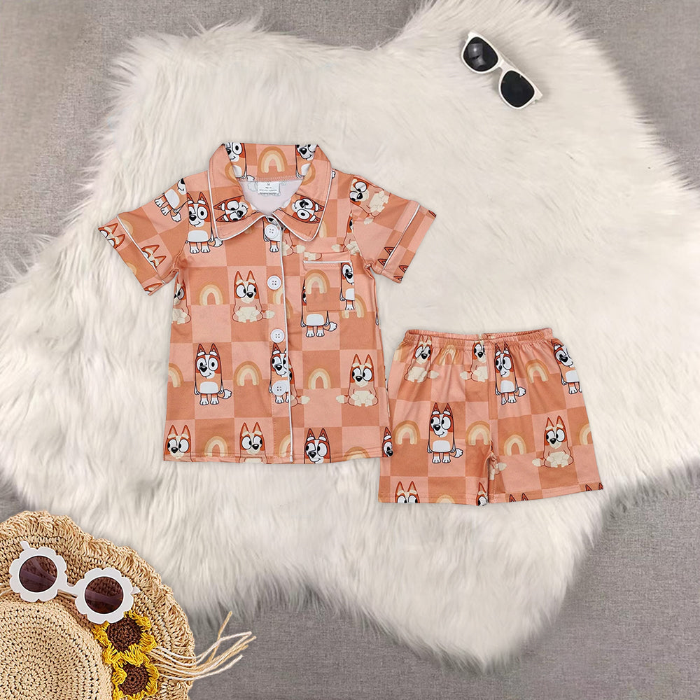 RTS NO MOQ Adult Girl cartoon dog Short Sleeve Shorts Pajama Set & kids shorts sets