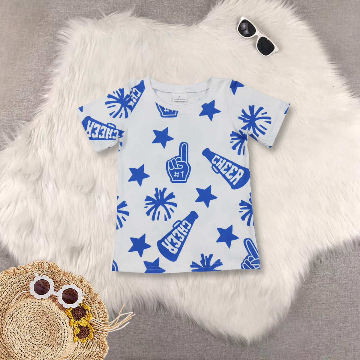 RTS NO MOQ Sibling baby girls clothes cheer blue short sleeve top shorts sets