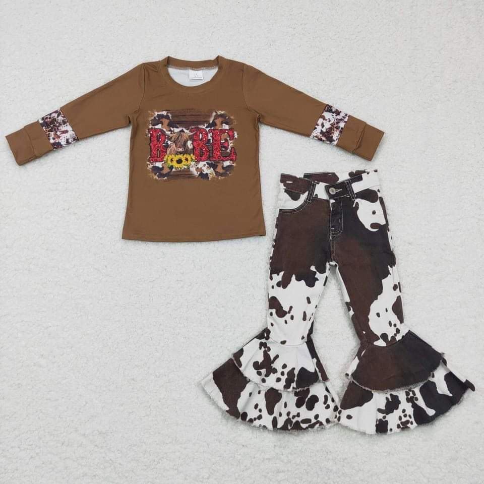 GT0066 Girls Alpine Cow Sunflower BABE Brown Long Sleeve Top+Aa-1 Cow pattern double layer jeans