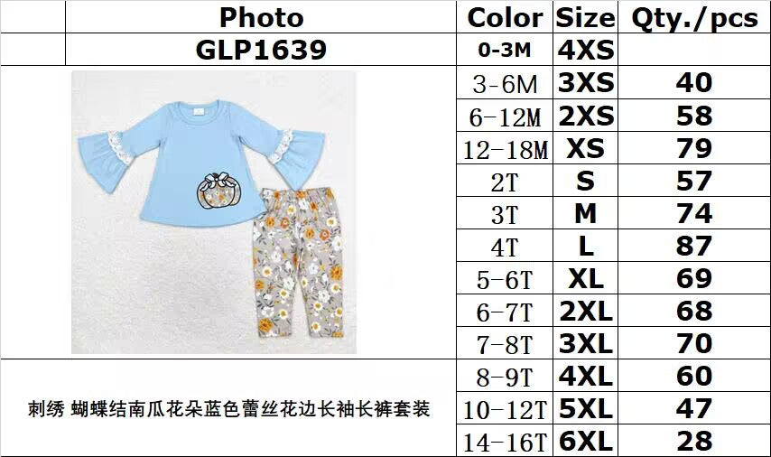 rts no moq GLP1639 Embroidered bow pumpkin flower blue lace long sleeve trousers set