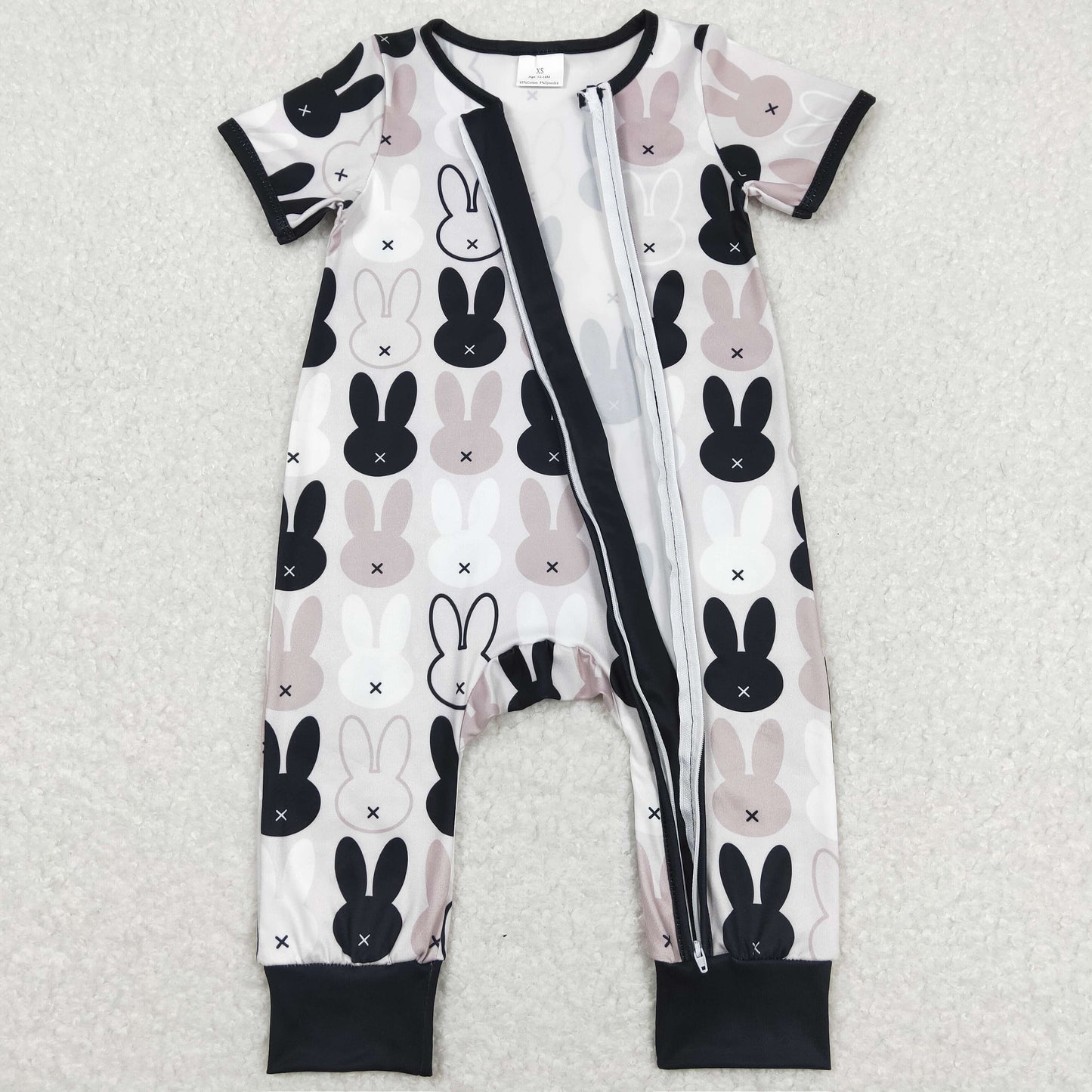 SR1012 Rabbit Black and Gray Zip Short Sleeve Jumpsuit