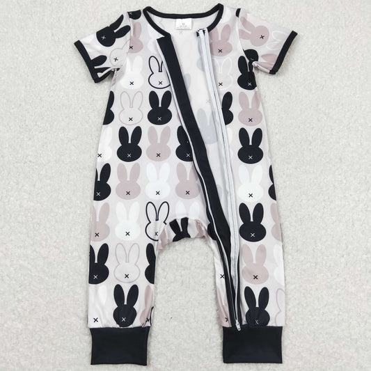 SR1012 Rabbit Black and Gray Zip Short Sleeve Jumpsuit