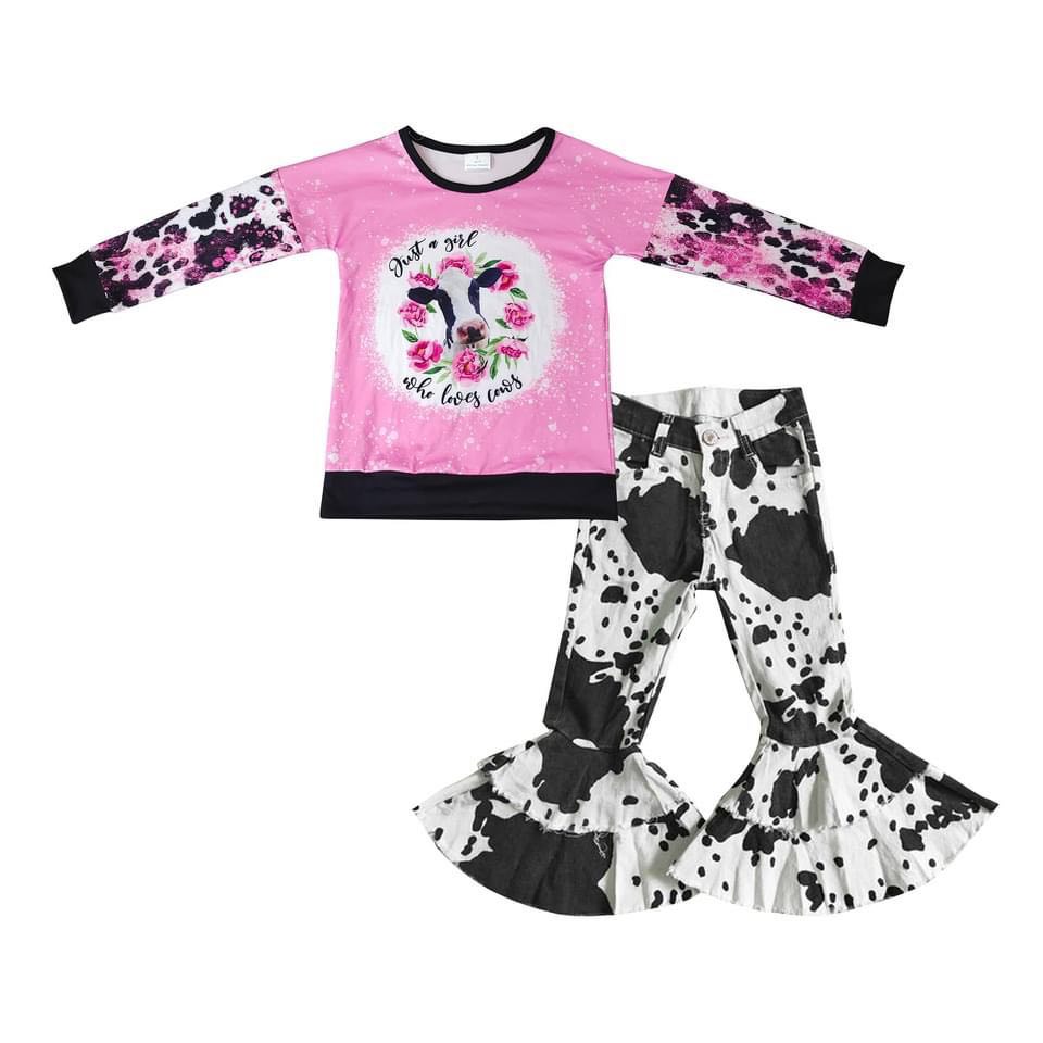 GT0077 Girl's Cow Flower Pink Long Sleeve Top+P0001 Black denim cow pattern double lace trousers