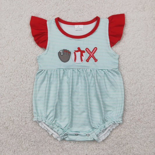RTS NO MOQ（In Stock) Embroidery Glove Baseball Blue Striped Flying Sleeve Vest Bodysuit