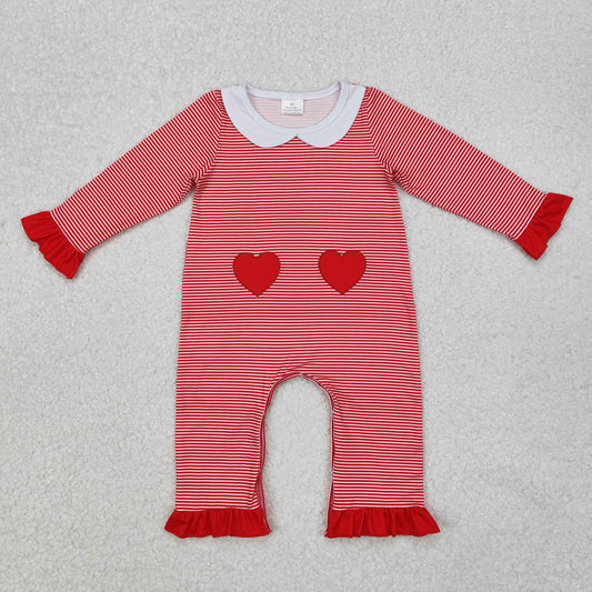 RTS NO MOQ ETA 5/7days arrived LR2113 Embroidered Valentine's Day red love heart lace doll collar striped long sleeve jumpsuit