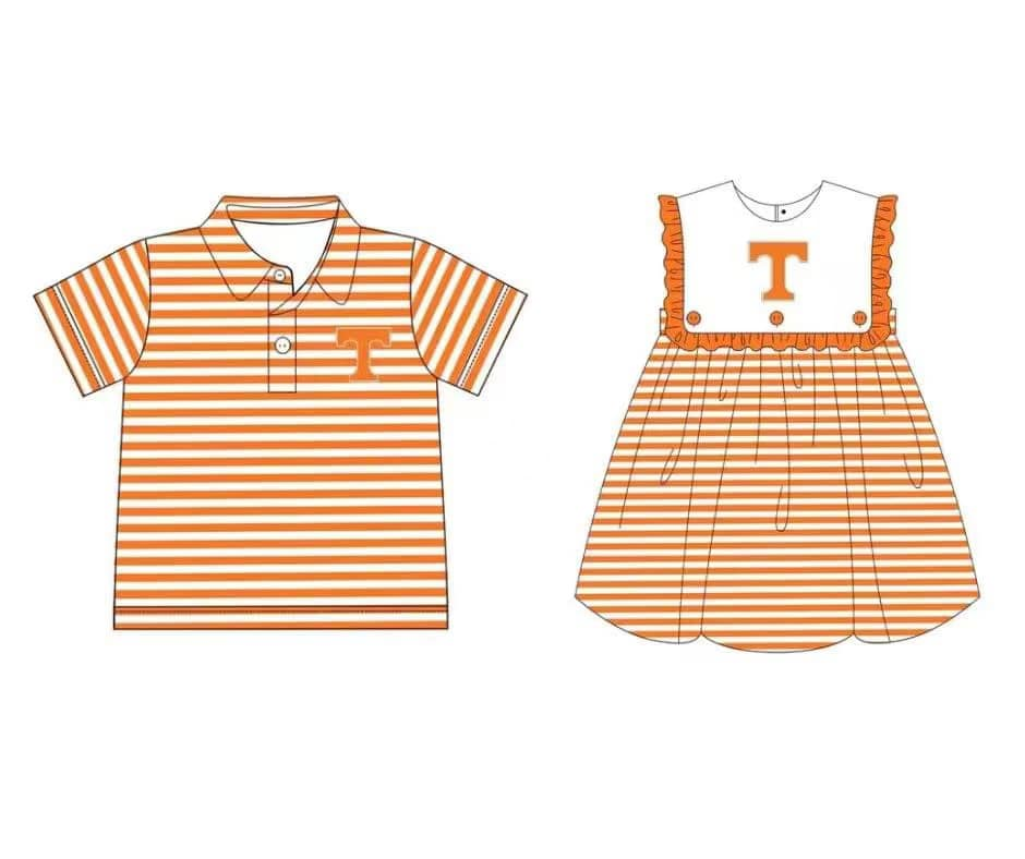 5.11custom each style moq 5eta 4-5week Sibling Sister T  prints orange plaid girls dress and boys top match family design