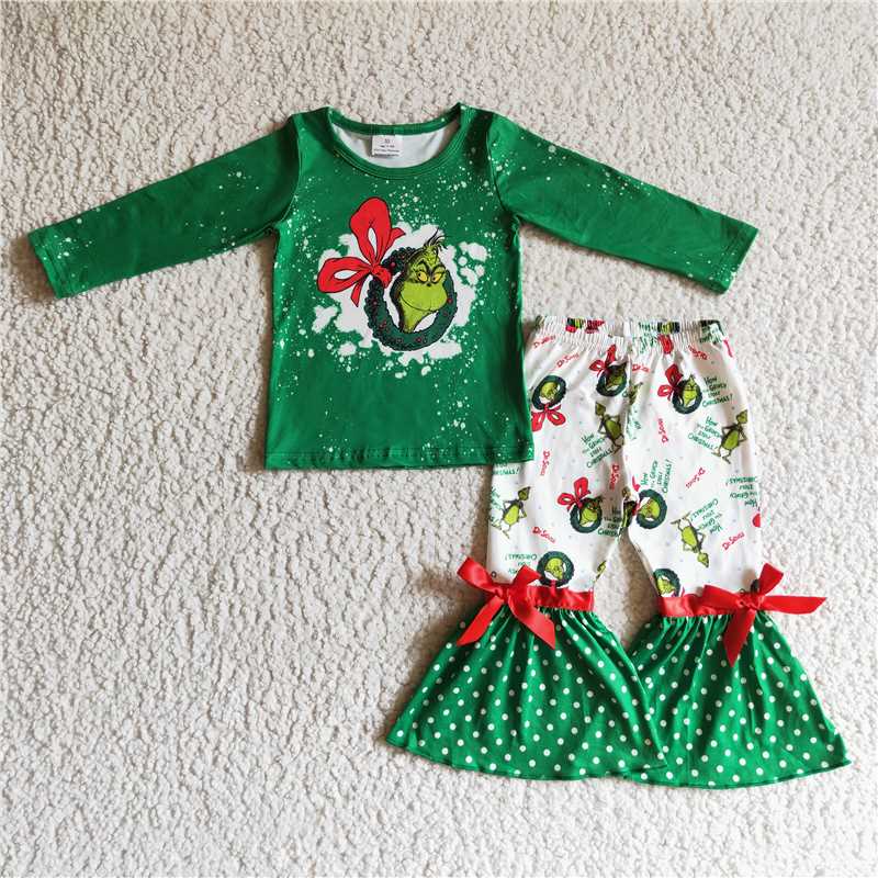 Baby Girls boys Christmas dress up cartoon print green Family siblings set