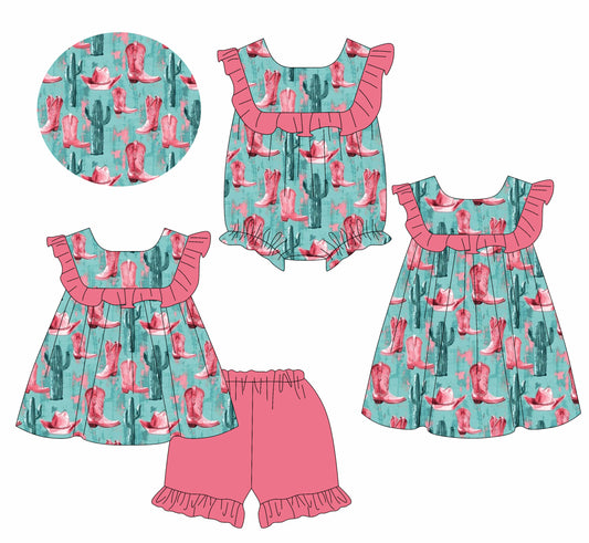 1.13 custom each style moq 5eta 4-6week Sibling Sisters boot catcus baby girl short sleeve shorts sets and dress and rompers match family design