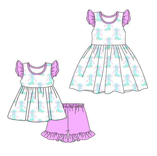 2.14 custom each style moq 5eta 4-6week Sibling Sister boots bow baby girl short sleeve shorts sets and dresses match design