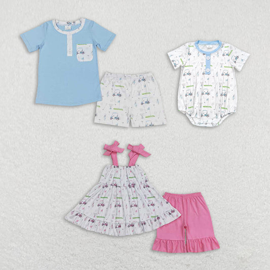 Baby Girls Golf portable car prints blue and pink、 Sibling Rompers Clothes Sets