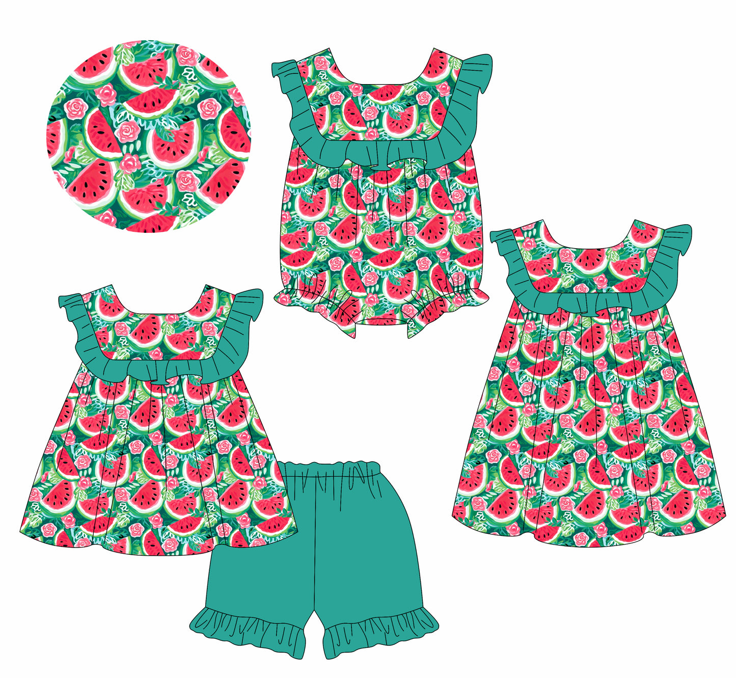 1.14 custom each style moq 5eta 4-6week Sibling Sisters watermelon aby girl short sleeve shorts sets and dress and rompers match family design