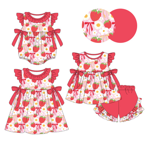 25.12.25 custom each style moq 5 eta 6-8week Sibling Sister strawberry bow floral baby short sleeve shorts sets and romper and dress match design
