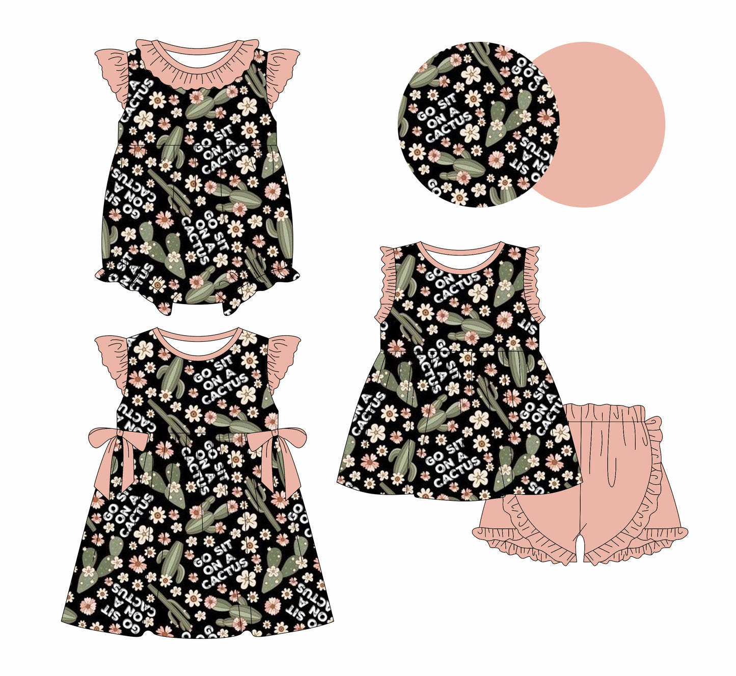 1.10 custom each style moq 5eta 4-6week Sibling Sister floral catcus baby girl short sleeve shorts sets and dress and rompers match family design