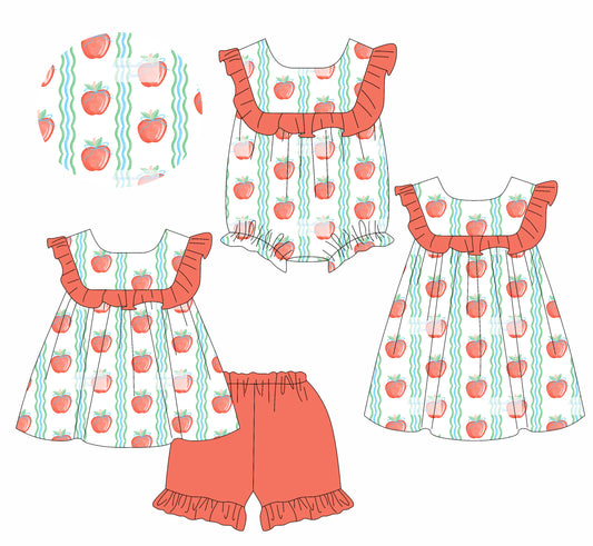 3.15 custom each style moq 5eta 4-6week Sibling Sisters apple baby girl short sleeve shorts sets and dress and rompers match family design