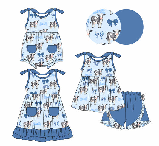 1.6 custom each style moq 5eta 4-6week Sibling Sistes cow bow baby girl short sleeve shorts sets and dress and rompers match family design