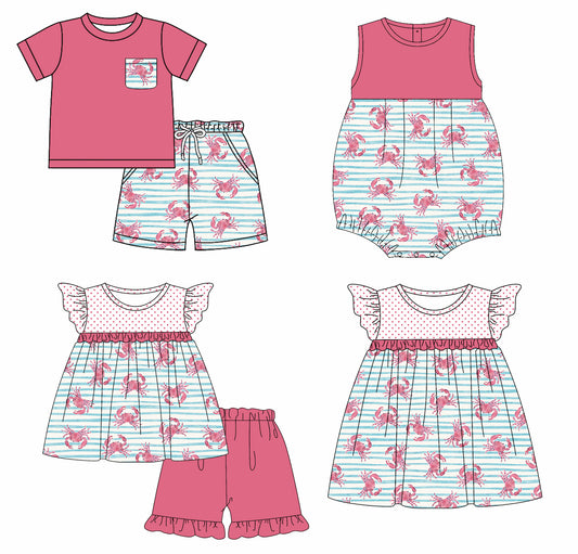 1.3 custom each style moq 5eta 4-6week Sibling Sister crab baby girl short sleeve shorts sets and sets 2 and boy romper and dress match design